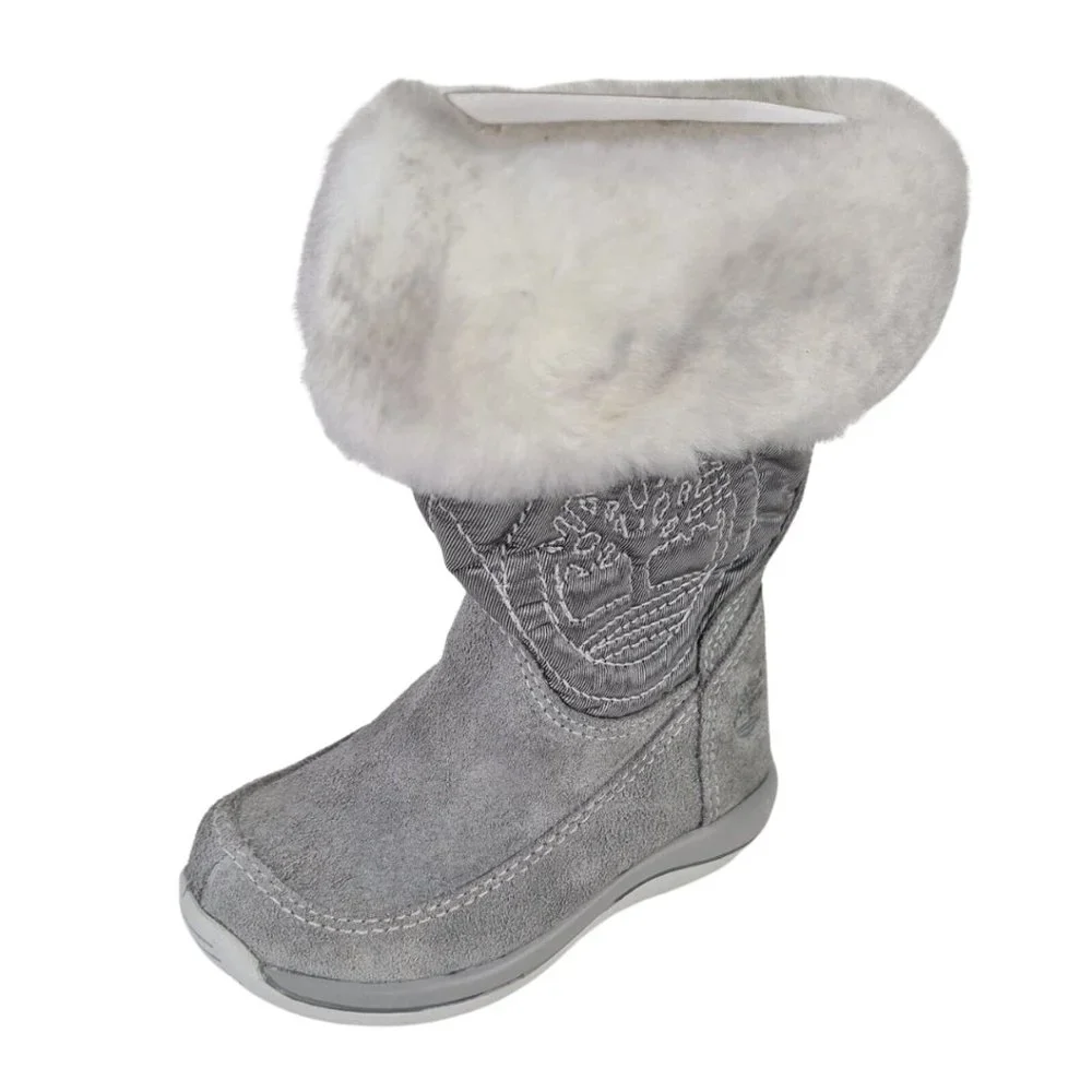 Timberland TODDLERS Boots Winter Holly Berry Tall Fur Leather Grey - Picture 1 of 12